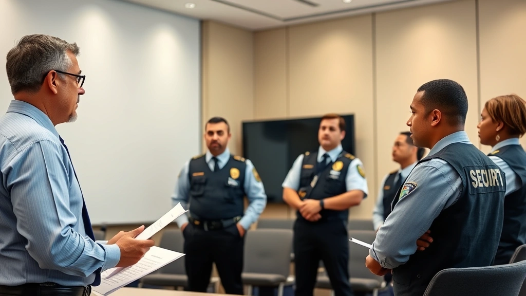 Experienced security manager in business casual attire conducting training session with junior security officers in a professional conference room setting