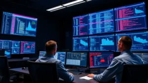 Professional security operations center with multiple analysts monitoring screens displaying network traffic, access logs, and threat alerts in real-time, blue and red data visualizations, modern command center environment