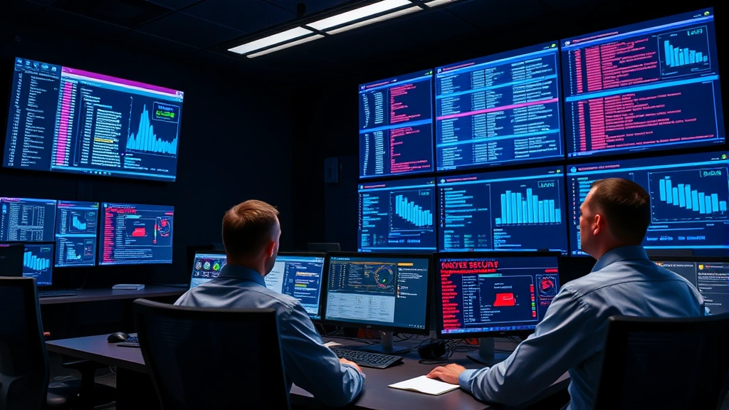 Professional security operations center with multiple analysts monitoring screens displaying network traffic, access logs, and threat alerts in real-time, blue and red data visualizations, modern command center environment