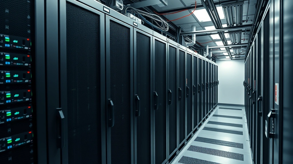 Secure data center with encrypted server racks, fiber optic cables, redundant power systems, controlled access with badge readers, professional IT security infrastructure photographed from above