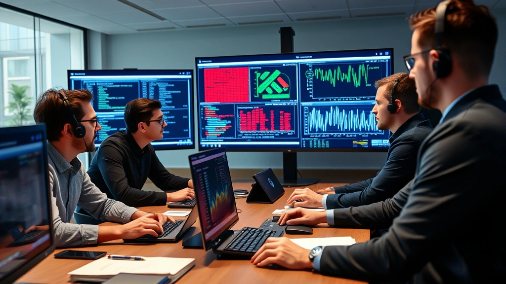 Cybersecurity team conducting incident response meeting with multiple professionals reviewing threat analysis on large display screens, serious focused expressions, modern office environment with security-focused technology