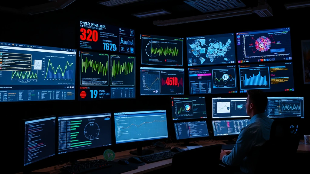 Modern cybersecurity operations center with multiple monitors displaying network traffic analysis, security dashboards, and threat intelligence feeds. Security analysts seated at workstations in dimly lit professional environment monitoring data in real-time.