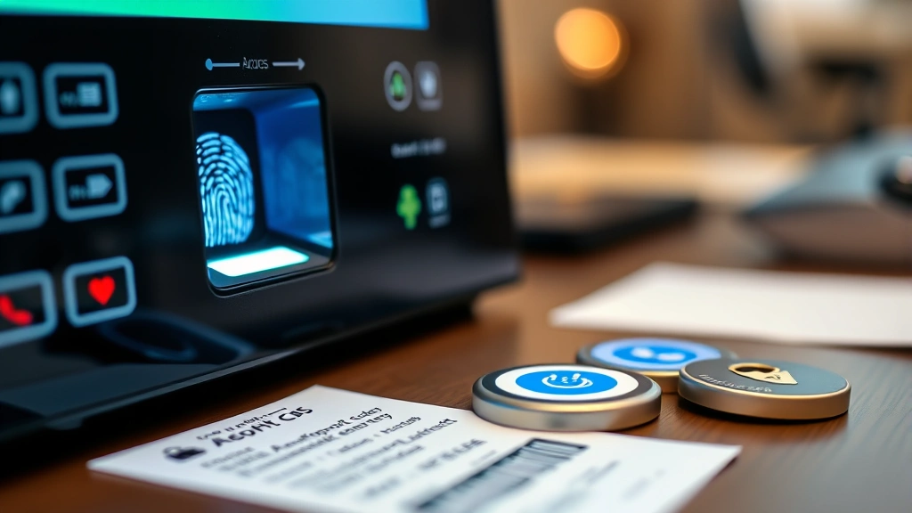 Close-up of biometric authentication system with fingerprint scanner and secure access panel. Showing multi-factor authentication process with verification codes and security tokens on desk surface.