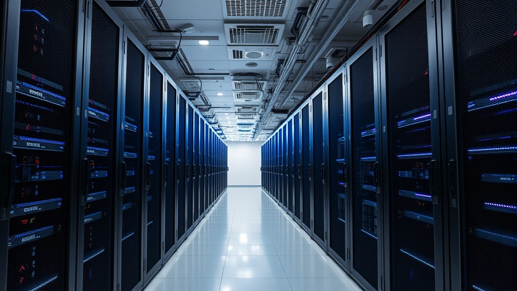 Data center interior with rows of secure server racks, fiber optic cables, and cooling systems. Professional facility with restricted access controls, security cameras, and blue LED lighting indicating active systems.