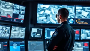 Professional security officer in dark uniform monitoring surveillance screens in modern command center with multiple displays showing facility camera feeds and real-time alerts, professional cybersecurity environment