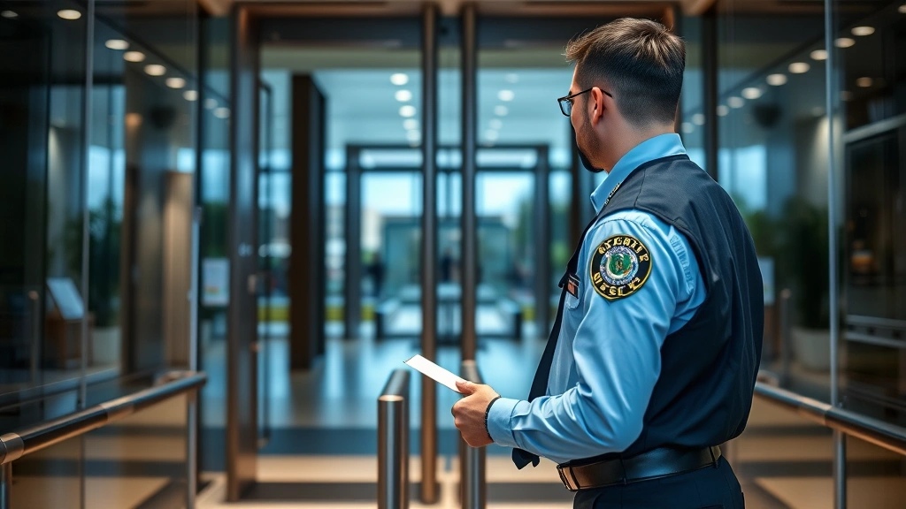 Professional security officer in uniform conducting access control at modern corporate building entrance with credential verification system visible