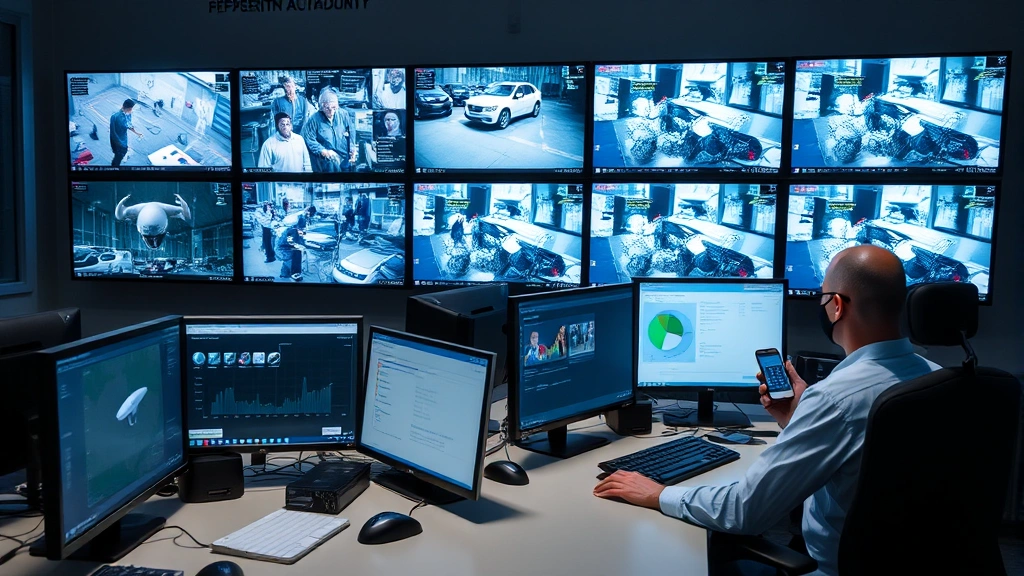 Multiple monitor security operations center with trained personnel monitoring real-time surveillance feeds and alarm systems during night shift