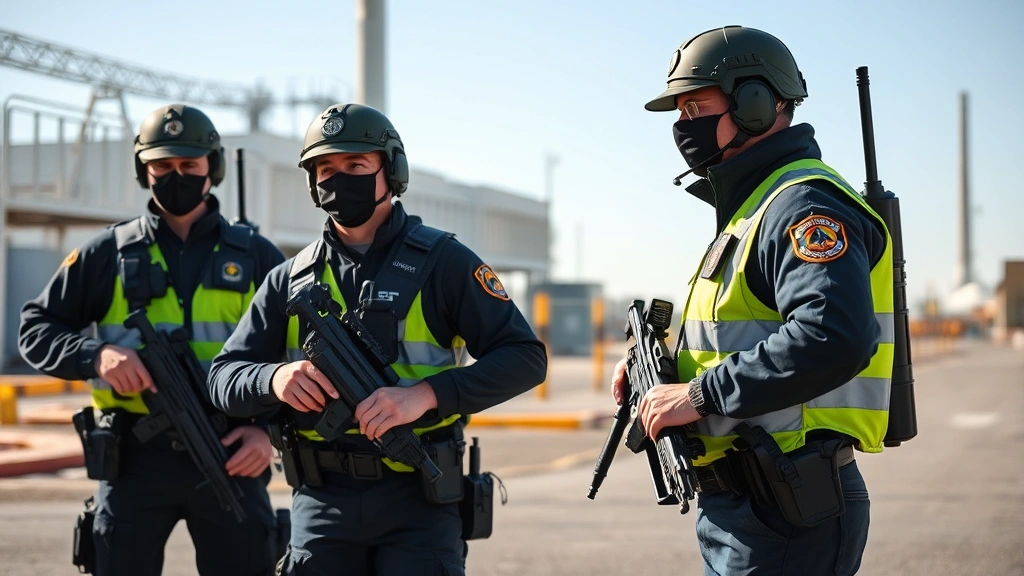 Security personnel conducting professional perimeter patrol with communication equipment at industrial facility under clear daylight conditions
