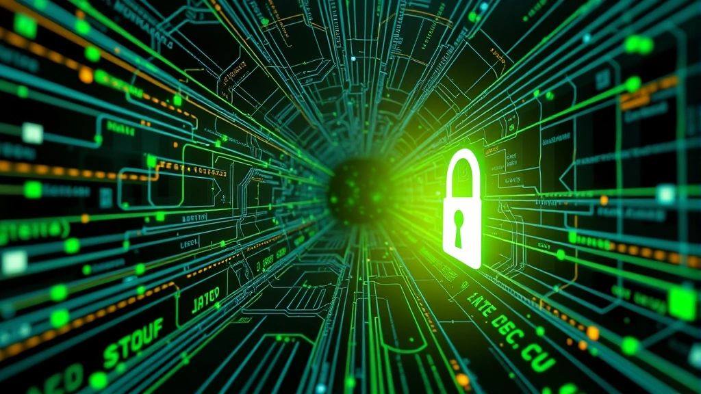 Realistic depiction of interconnected security nodes and encrypted data flowing through a secure network tunnel, showing protection layers and firewall barriers, modern tech aesthetic with green security indicators