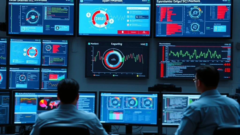 Photorealistic scene of a security operations center with multiple monitoring displays showing threat detection dashboards and network activity, professional environment with cybersecurity professionals monitoring systems, no readable text on screens