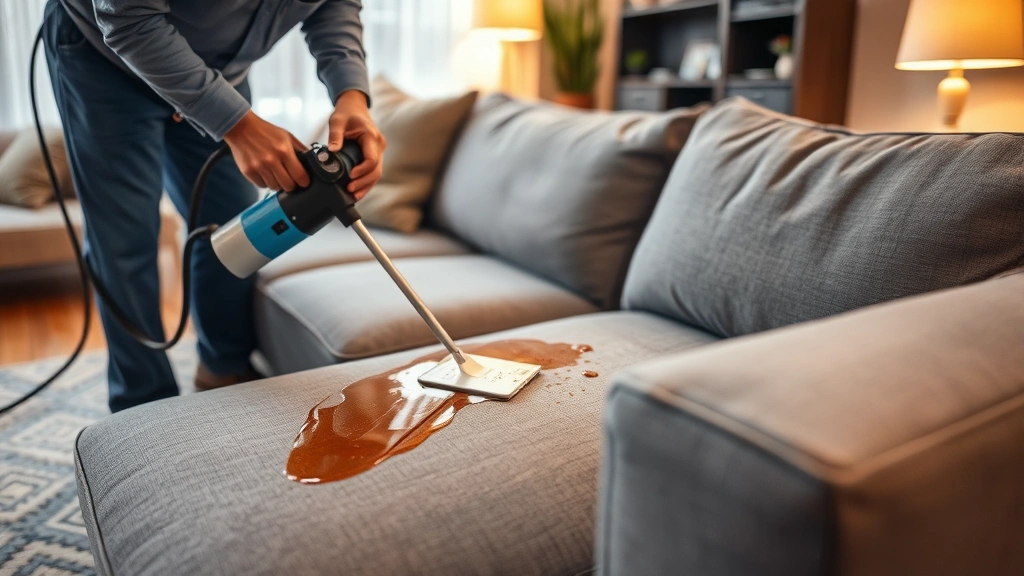 Close-up of professional furniture cleaner treating spill on expensive gray upholstered sofa with specialized equipment in modern living room, warm lighting highlighting the damage area and recovery process