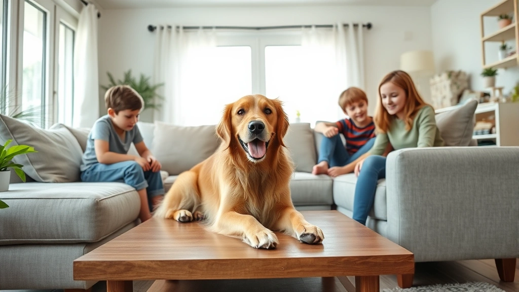 Family with young children and golden retriever playing safely on protected furniture in bright living room, showing everyday household activity and potential damage scenarios