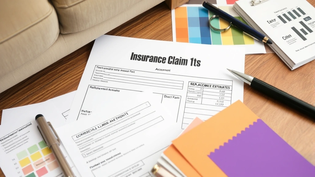 Insurance claim form and damage assessment documentation spread on desk with furniture color swatches and replacement cost estimates, depicting claim process and documentation