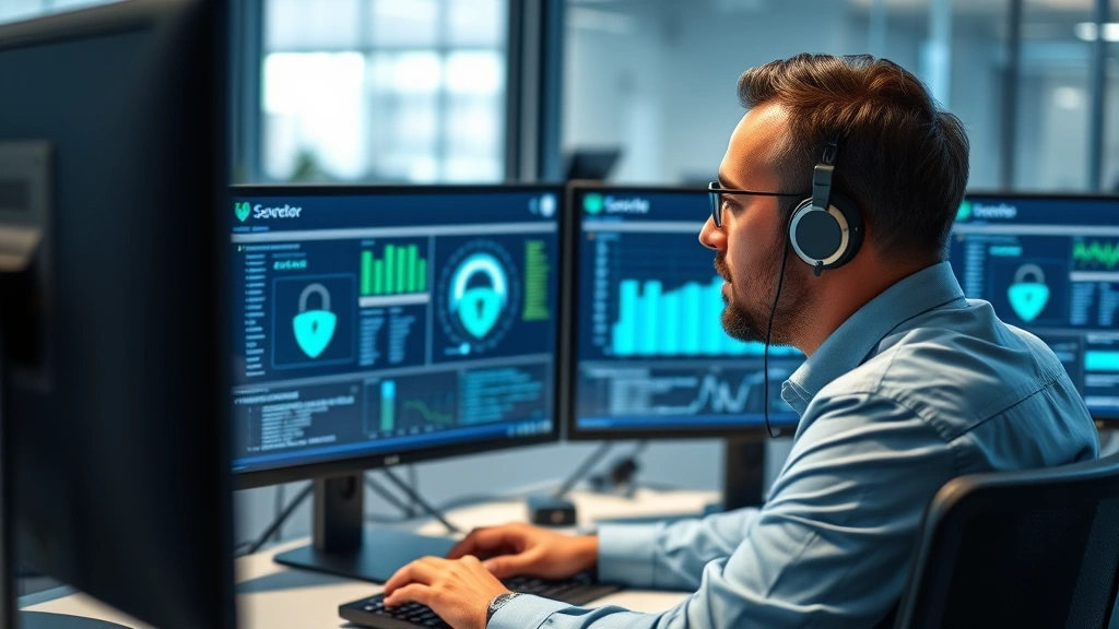 Professional cybersecurity analyst reviewing security protocols on modern desktop setup with multiple monitors displaying data protection dashboards, blue and green security indicators, no text visible, realistic office environment