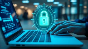 Photorealistic close-up of hands typing on a laptop keyboard with a digital security padlock hologram floating above the screen, blue and green cybersecurity lighting, modern office environment