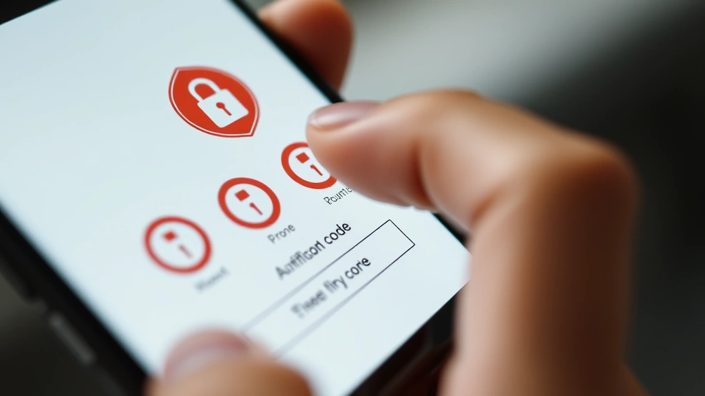 Close-up of smartphone screen showing authentication app with security badges and lock icons, hand entering verification code, modern minimalist interface design, no visible passwords or sensitive data, professional lighting