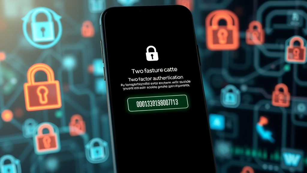 Photorealistic image of a smartphone displaying a two-factor authentication prompt with a glowing security verification code, surrounded by digital security icons and encrypted data streams in soft focus background