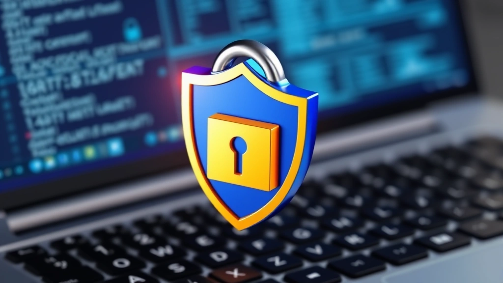 Digital padlock icon merged with shield symbol floating above laptop keyboard, representing account security and data protection, blue and gold color scheme, photorealistic 3D rendering, no text or code visible