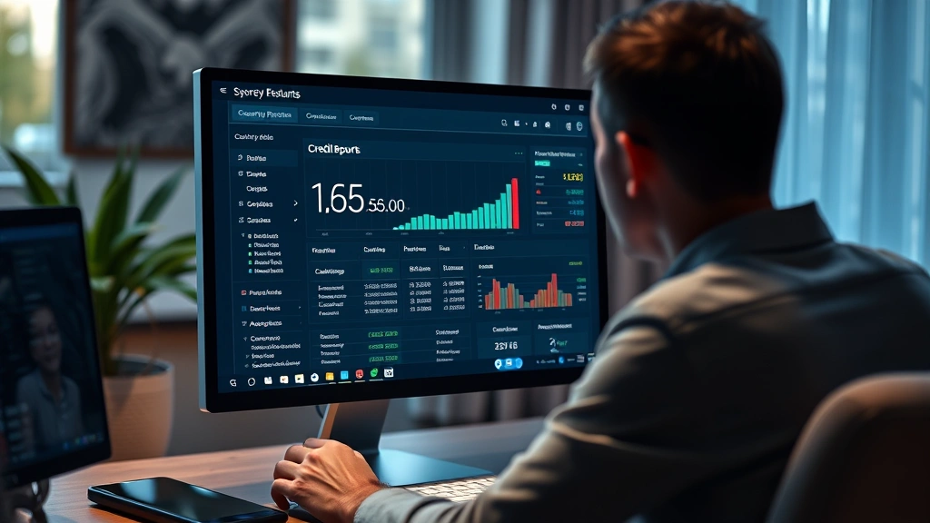 Photorealistic photograph of a person reviewing credit reports on a computer monitor in a home office setting, cybersecurity dashboard interface visible, soft professional lighting with security-focused aesthetic
