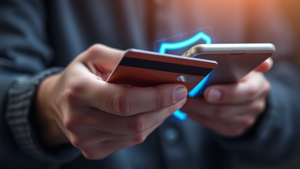 Close-up of a person's hands holding a credit card and smartphone, with a subtle blue digital security shield glowing in the background, representing identity protection and secure financial transactions
