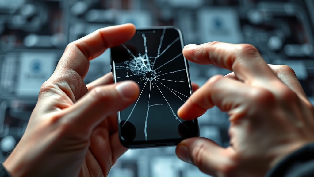 Close-up of hands examining a cracked smartphone screen with protective glass, showing damage assessment in professional lighting with blurred tech background