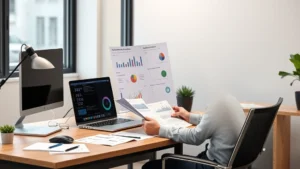 Professional cybersecurity analyst reviewing digital device protection documentation on a modern desk, showing spreadsheets and plan comparisons, neutral office lighting, photorealistic