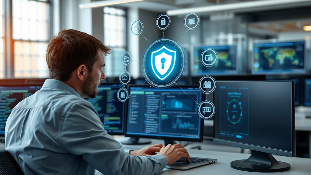 Cybersecurity analyst reviewing device protection options at laptop, holographic security indicators floating above screen, modern office environment with multiple monitors displaying security dashboards