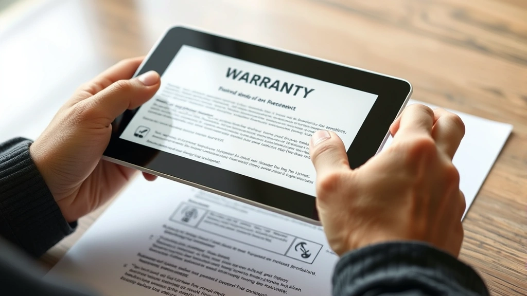 Close-up of hands carefully handling a tablet device over a warranty document, showing caution and protection concepts, natural lighting, photorealistic details