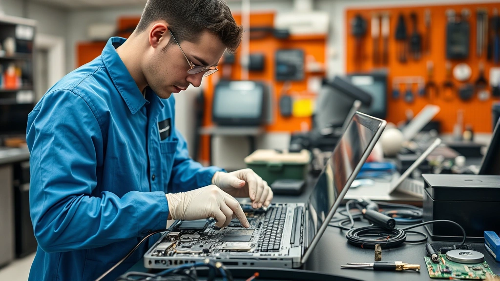 Technician in blue uniform working on internal components of a laptop at a repair workstation with tools and equipment, professional repair center environment