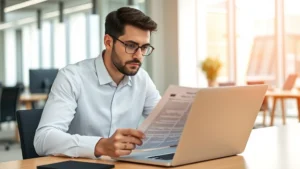 Professional cybersecurity analyst reviewing device protection documentation on a laptop in a modern office environment, showing focused concentration on policy details and coverage terms