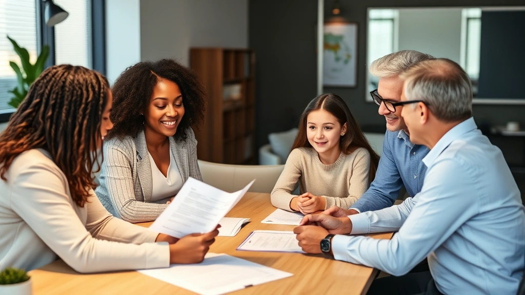 Professional insurance agent meeting with diverse family in modern office, reviewing policy documents on desk, warm lighting, genuine interaction, no text or screens visible