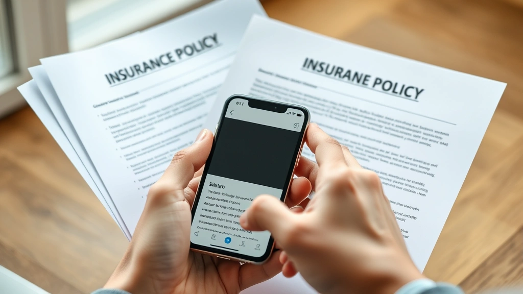 Close-up of hands holding insurance policy documents and smartphone showing insurance app interface, natural lighting, focus on document review process, no visible text on documents