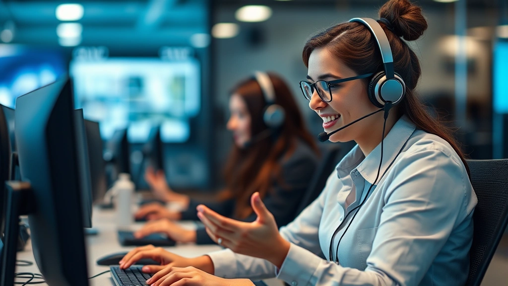 Customer service representative in a call center environment assisting with device protection claim, showing supportive interaction and professional communication about insurance coverage