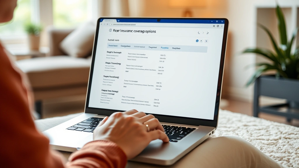 Person at home computer reviewing insurance coverage options, relaxed setting, warm home environment, laptop screen visible but content not readable, research and comparison concept