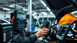 Professional automotive technician examining vehicle computer diagnostic system in modern repair facility, focused on electronic components and testing equipment, cybersecurity-focused environment