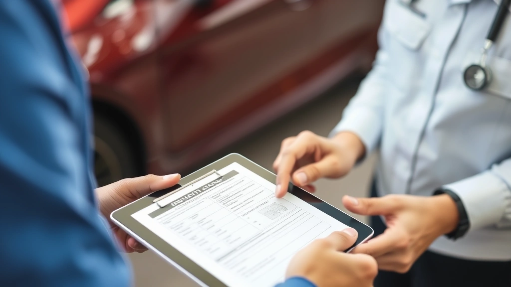 Insurance claim documentation process with vehicle damage assessment, digital tablet showing claim details, professional adjuster evaluating vehicle protection coverage