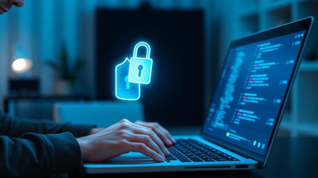 Photorealistic image of a person using a laptop with a glowing padlock shield icon floating above the screen, symbolizing digital security and data protection in a home office environment, cool blue lighting, no text or code visible