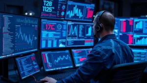 Cybersecurity professional monitoring multiple digital displays showing network traffic, threat detection dashboards, and security alerts with blue and red data visualizations, modern SOC environment