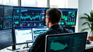 Professional cybersecurity analyst monitoring multiple screens displaying network traffic patterns and security dashboards with blue and green data visualizations, modern office setting with soft professional lighting