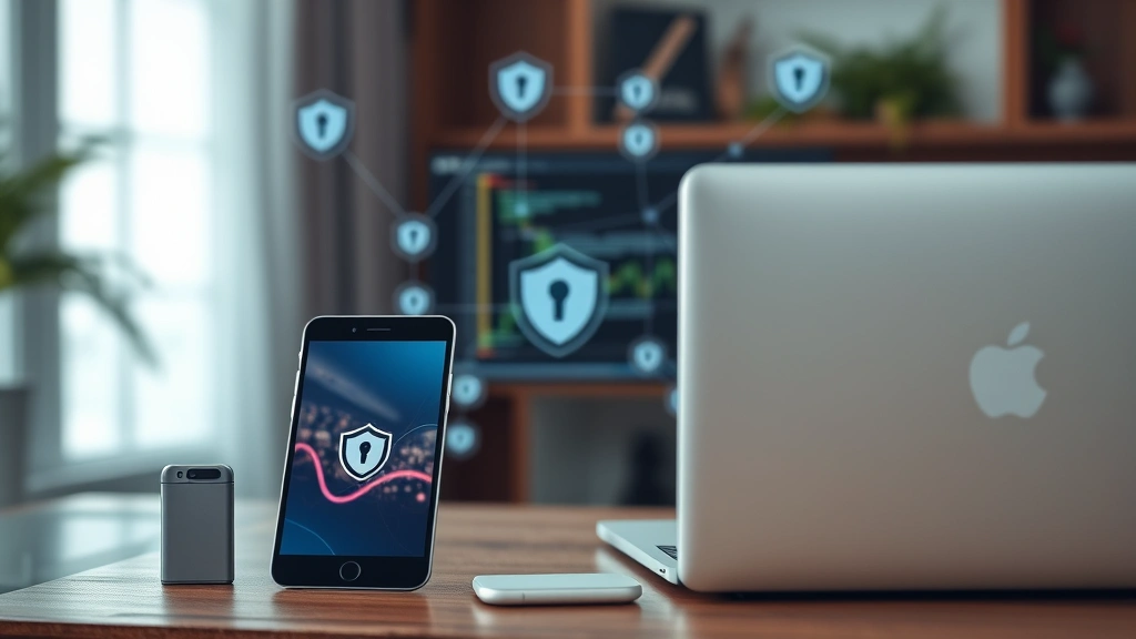Photorealistic photograph of multiple devices including smartphone, tablet, and laptop arranged together with subtle cybersecurity visualization elements like shield icons and lock symbols in the background, professional home setup, no terminal windows or alerts