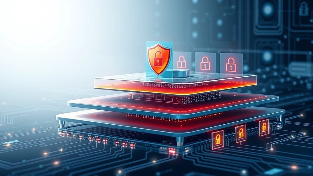 Abstract representation of layered security architecture showing multiple protective barriers, digital shields, and interconnected security nodes representing defense-in-depth strategy