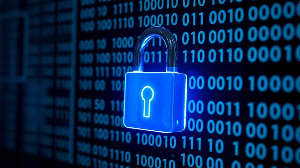Close-up of a digital padlock glowing blue against a dark encrypted background with cascading binary code, representing cybersecurity protection and data encryption for financial accounts