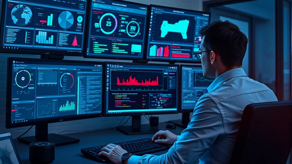 Professional workspace showing a cybersecurity analyst monitoring multiple screens displaying real-time threat detection dashboards and fraud alerts, emphasizing active surveillance and threat response