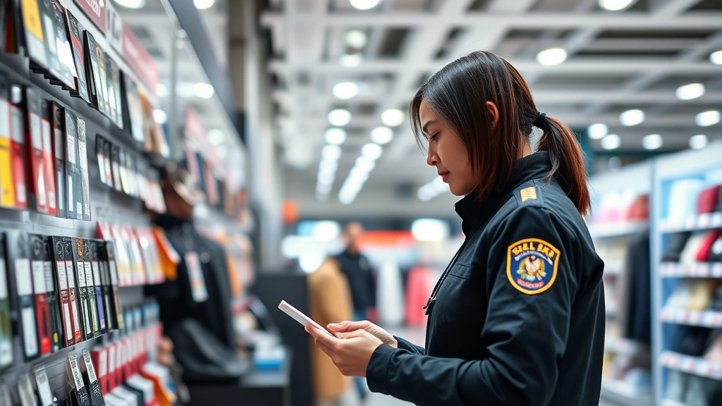 Retail security professional examining merchandise displays with security tags in modern store environment, professional clothing, focused inspection of security systems, well-lit commercial retail space