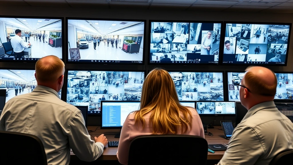 Loss prevention team monitoring surveillance screens showing store floor activity, multiple security monitors displaying different camera angles, professional security operations center, real-time monitoring setup