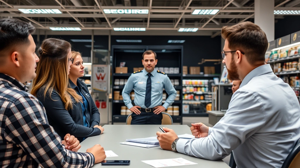 Retail store manager conducting staff security training session, employees listening attentively, professional training environment, classroom or meeting room setting, educational atmosphere