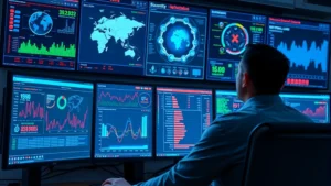 A cybersecurity professional monitoring multiple high-tech security dashboards with real-time threat alerts and network traffic visualizations in a modern SOC environment