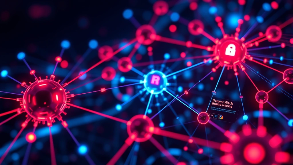 Advanced threat detection visualization showing red and blue nodes representing network infrastructure with glowing threat pathways and security incident indicators
