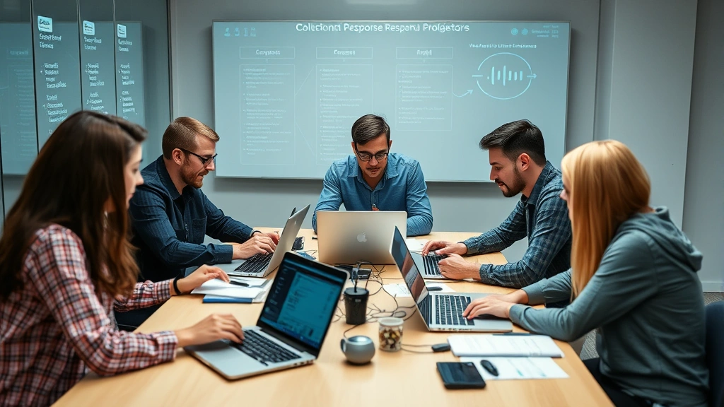 Diverse security team collaborating around a table with laptops and security tools, reviewing incident response procedures and threat intelligence reports