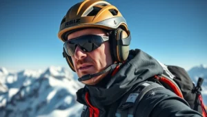 Professional mountaineer wearing custom-fitted hearing protection and climbing helmet on snowy alpine peak with wind-blown snow, high elevation terrain visible